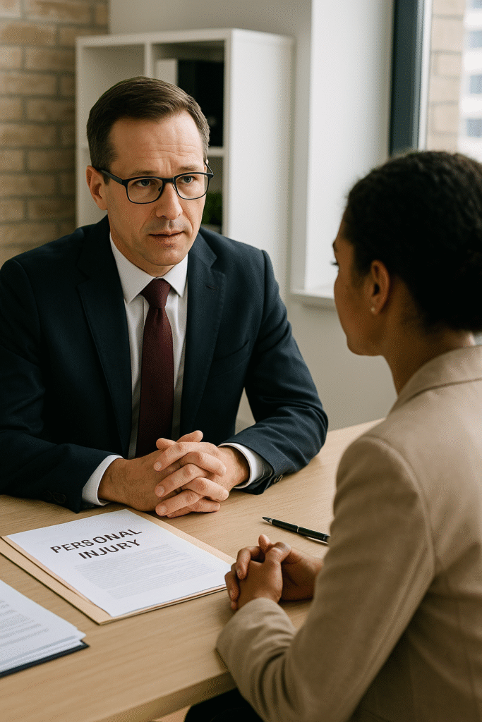 A professional personal injury lawyer in Calgary consulting a client in an office with legal documents on the table